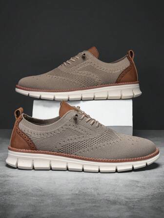 New Men's Lightweight Breathable Mesh Sports Sneakers, Khaki Color Fashionable Casual Shoes, Comfortable Plus Size Men's Loafers