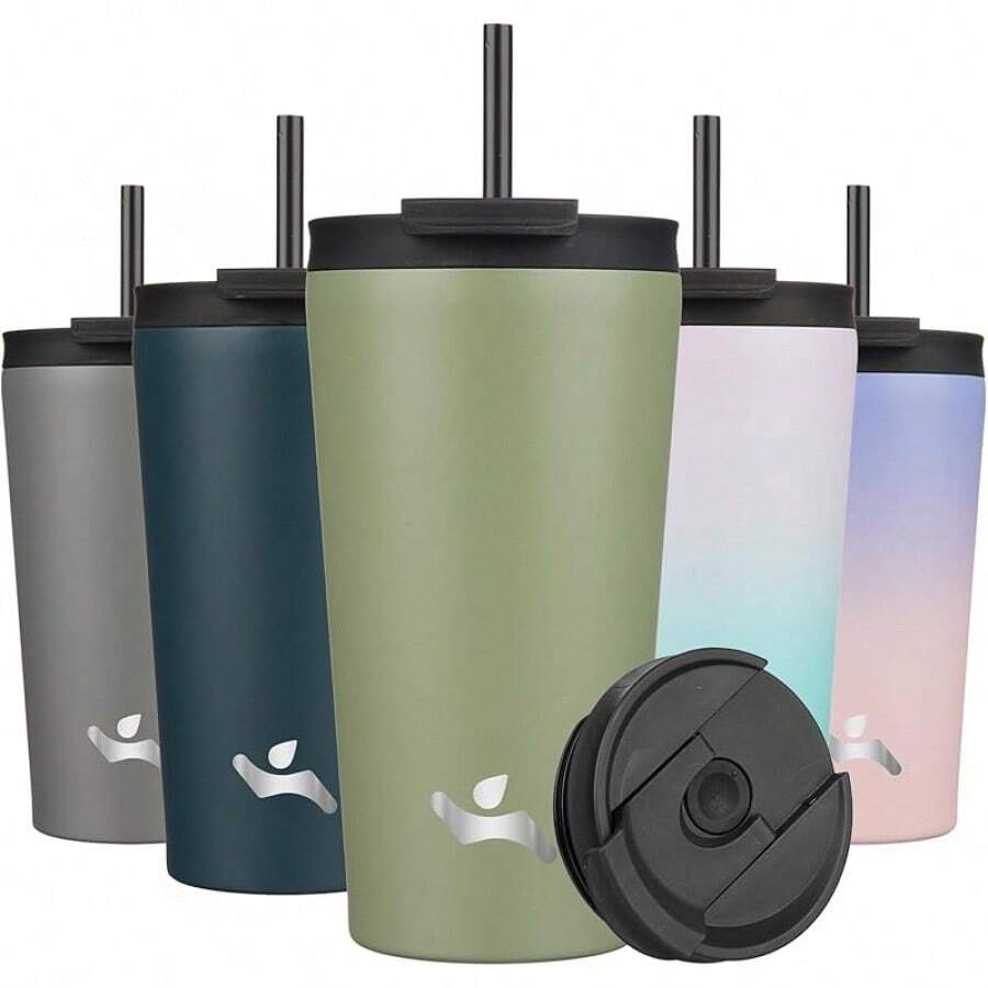 Konokyo - Vaso aislado de 18 onzas con tapa y 2 pajitas de acero inoxidable para botella de agua al aspiradora, taza de café, color blanco ángel - Verde militar - Ver 1