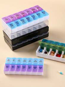 1 pieza/2 filas 14 compartimientos Caja de pastillas azul y morada, portátil y conveniente tamaño de viaje gran capacidad a prueba de humedad sellada, buena identificación organizador de pastillas/cápsulas de mañana y noche con braille, caja de almacenamiento semanal de 7 días de medicación con compartimientos AM/PM