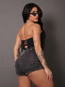 Short Jeans Hot Pants With Elastane High Waist Lycra Peg Vest - 深灰色 - 查看 4
