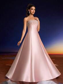 Anymoon 女士高腰长款晚礼服，胸前饰有仿珍珠水钻，适合派对、正式场合和婚礼宾客穿着。春季优雅派对粉色 - 粉色 - 查看 5