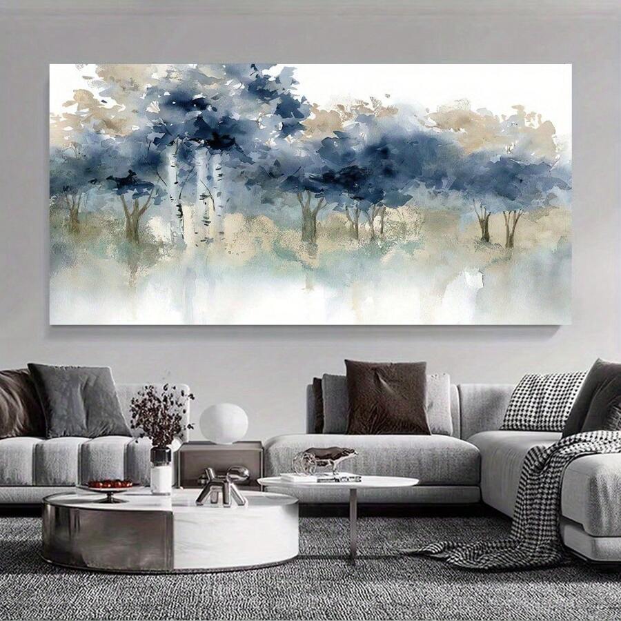 大型无框油画艺术印刷品 - 蓝色抽象风景海报与现代艺术装饰水墨画，适用于客厅、卧室、家庭办公室 - 室内条纹墙面装饰