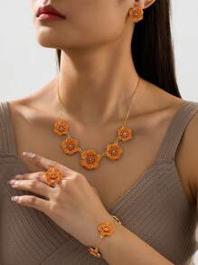 1 套女士珠宝 - 1 件橙油滴花卉吊坠项链、1 对耳环、1 枚戒指、1 条手链、度假风格（无礼品盒） - 橘色 - 查看 1