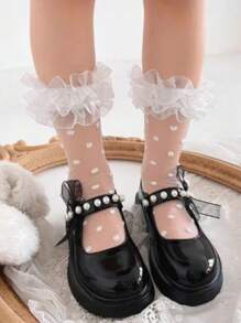 1 Pair Japanese Style Cute Crystal Polka Dot Double Layer Organza Ruffle Trim Socks, Spring/Summer - White - View 4