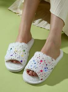 女士彩色五角星露趾拖鞋，居家室内地板毛茸茸情侣拖鞋