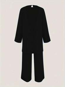 Women's Solid Color Long Sleeve Top And Long Pants Set, Arabian Style, Modest - Black - View 2
