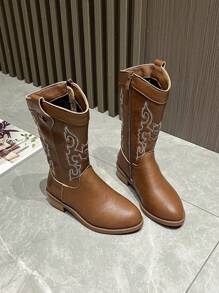 Kids Western Embroidered Cowboy Boots, New Simple Style Boys/Girls Boots, Retro Mid-Calf Versatile Riding Boots, Suitable For All Seasons