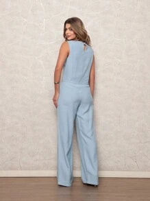 Women's Casual Tailored Set Plain Blouse With Long Trousers - 淺藍色 - 查看 4