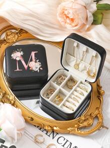 A-Z Floral Letter Pattern Travel Jewelry Box, Portable Zipper Travel Jewelry Storage Box, Gift Box For Women, PU Leather Waterproof Jewelry Box For Rings, Pendants, Earrings, Necklaces, Etc. - Gift Boxes For Girls And Women, Sun Travel Cool Back To School