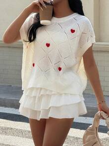 Knit Mix Women's Hollow Heart Pattern Rhombus Casual Commuter Loose Knit Pullover Top (Pattern Random), Spring/Summer