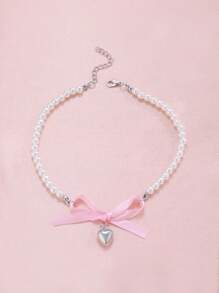 1 件法式粉色心形蝴蝶结百搭珍珠项链小众设计甜美纯洁锁骨链 - 粉色 - 查看 2