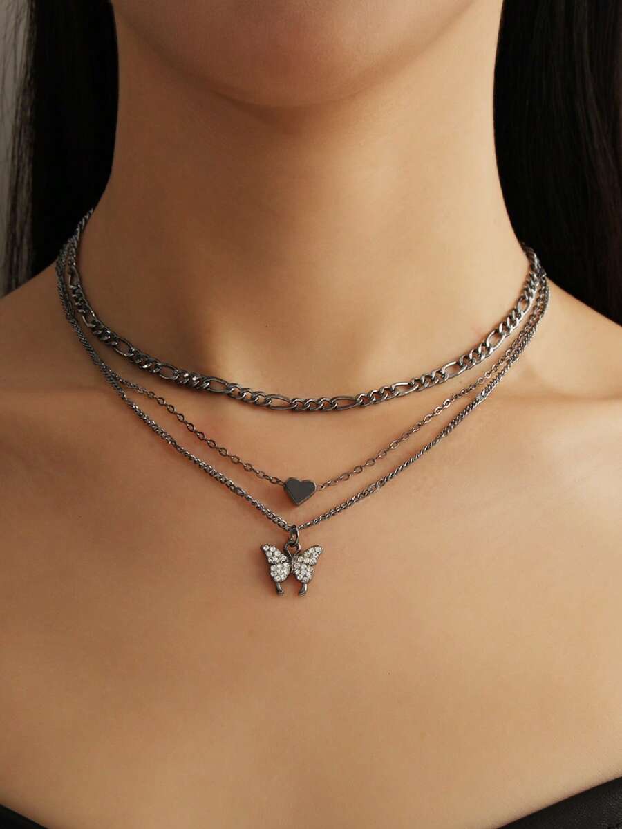 1pc Multi-Layer Fashion Casual Crystal Butterfly & Heart Pendant Necklace, Suitable For Party And Gatherings - Gun Black - View 1