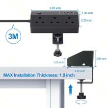 PASSUS 1pc Black Desk Power Socket With USB C Slots, PD 20W Fast Charging Power Station, Extension Lead With USB Slots 3M With Removable Clamp, Desktop Power Strip For Home Office - UK Plug(220-240V) - View 3