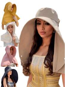 1 件装女士宽边太阳帽，涤纶纤维，非弹性，编织，防紫外线，夏季头巾，适合骑自行车和海滩，可洗 - 太阳帽 - 彩色 - 查看 3