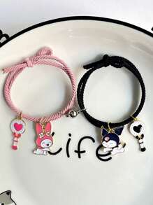 Sanrio 2pcs/Set Sanrio Character Friendship Bracelet Set, Comes With Magnetic Clasp, Polyamide Woven Strap, Anime Style Charm Bracelet, Suitable For Couples And Friends, Bracelet Set, Couples, Anime Items, Halloween