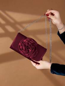 REMANLAND 玫瑰花造型女士晚宴手拿包，缎面手提包，适合婚礼、派对等场合，创意礼品 - 酒紅色 - 查看 4