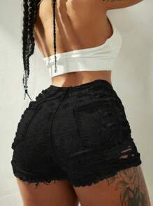 Rave Y2K Streetwear High Stretch Diagonal Pocket Frayed Hollow Out Distressed Denim Mini Shorts, Sexy Club Wear Denim Shorts For Spring/Summer Casual Black - 黑色 - 查看 2