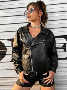 Drop Shoulder PU Leather Biker Jacket - Black - View 5