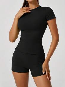 NcmRyu 女士纯色简约弹力无缝短袖短裤运动套装