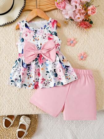2 件套女童休闲优雅花卉印花无袖圆领连衣裙上衣和粉色短裤 2 件套，春夏