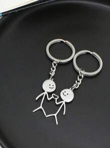 2Pcs/Set Fashionable Stainless Steel Silver Tone Heart & Abstract Figures Keychain For Couples Funny Keychain Metal Key Ring Purse Bag Backpack Car Key Charm Earbud Case Accessory Gift Stainless Steel Keychain Matching Keychains Gift For Best Friends Car Keychain Accessories Keyring Packs Bag Pendants Bag Charms Party Favors Car Accessories Women Key Chain Charms Enamel Pin - Silver - View 2