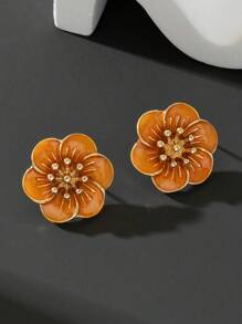 1 Pair Resort Style Fresh Elegant Soft Textured Orange Color Metal Plated Floral Stud Earrings For Women - Orange - View 4
