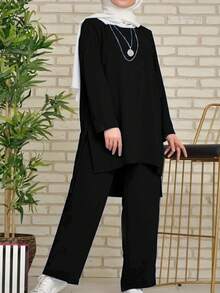 Women's Solid Color Long Sleeve Top And Long Pants Set, Arabian Style, Modest - Black - View 3