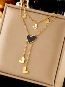 Double-Layer Heart Pendant Choker Necklace - Stainless Steel, Shell Accent, Sexy Simple Style, No Plating, Tassel Detail, For Daily And Party WearDouble-Layer Heart Pendant Choker Necklace - Stainless Steel, Shell Accent, Sexy Simple Style, No Plating, Tassel Detail, For Daily And Party Wear