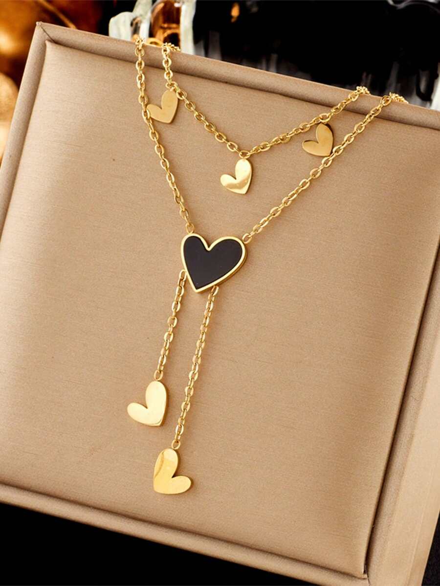 Double-Layer Heart Pendant Choker Necklace - Stainless Steel, Shell Accent, Sexy Simple Style, No Plating, Tassel Detail, For Daily And Party WearDouble-Layer Heart Pendant Choker Necklace - Stainless Steel, Shell Accent, Sexy Simple Style, No Plating, Tassel Detail, For Daily And Party Wear