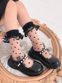 1 Pair Japan Style New Spring/Summer Lovely Crystal Polka Dot Double-Layer Organza Lace Trim Socks - Black - View 4
