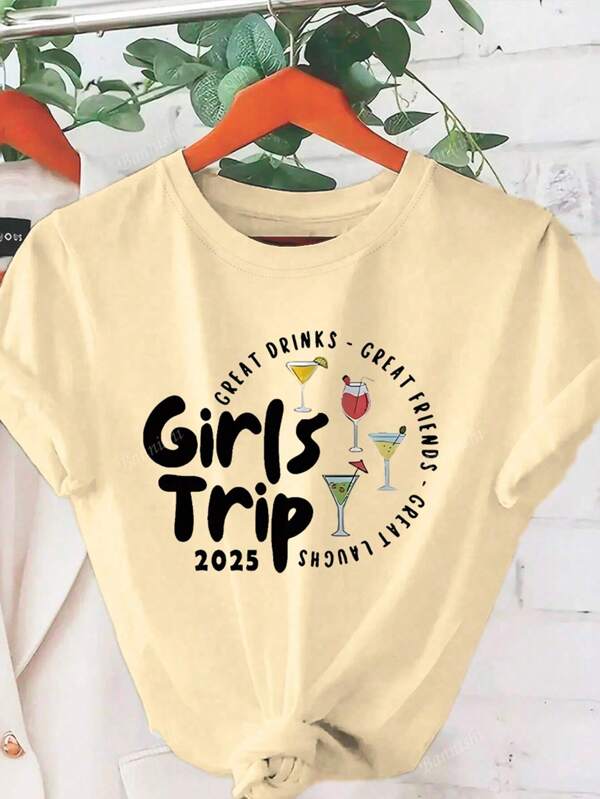 Casual Beverage Letter Print Round Neck Short Sleeve T-Shirt