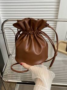Drawstring Bucket Bag, Simple Drawstring Cross-Body Shoulder Bag