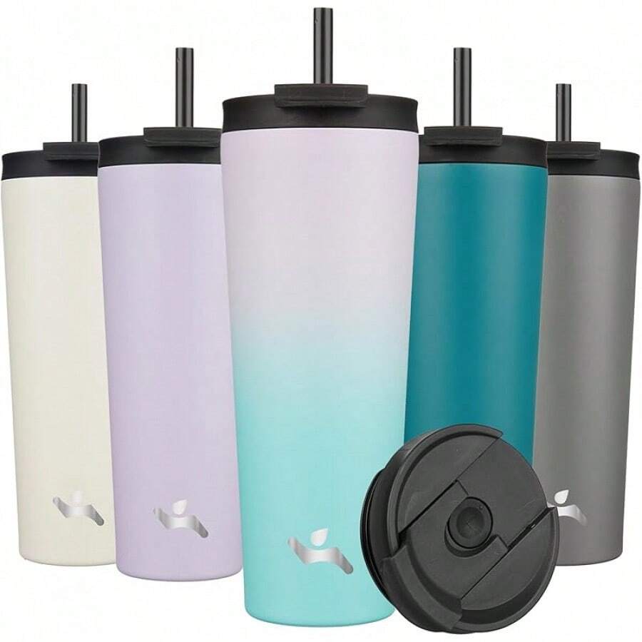 Konokyo - Vaso aislado de 18 onzas con tapa y 2 pajitas de acero inoxidable para botella de agua al aspiradora, taza de café, color blanco ángel - Verde lavanda - Ver 1