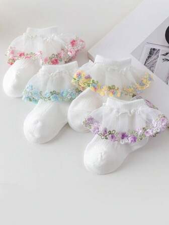 4 Pairs Baby/Girls Breathable Mesh Embroidered Vine Floral Lace Trim Socks, Cute French Country Princess Style For Spring/Summer