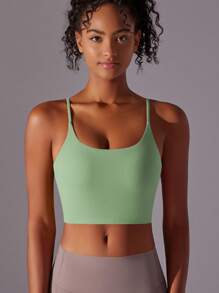 1pc Women Green Spaghetti Strap Camisole, Backless Yoga Tops, Adjustable Chest Pads Sexy Criss-Cross Back Bras