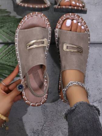 Damen Flach Sandalen, Knopf und elastisches Band mit Blume Muster weiße offene Zehensandalen, Slide Pantoffeln, einfarbige Outdoor und Indoor Pantoffeln