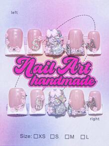 10pcs Handmade Duck Nails Y2K OrangeFrench Style & Versatile 3d DIY Handmade Flowers & Sparkling Rhinestone Decoration Red Yellow Gradient French Tip Style And 3D Water Droplets Design Nail Art Decoration, Hand-Painted Color Pattern, Sparkling Rhinestone French Tip, Perfect For Parties & Casual Attire,Perfect Holiday Gift For Women And Girls, Includes Tool Kit