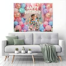 1pc Customisable Photo Rainbow Balloon Happy Birthday Photography Background Fabric Pink Floral Butterfly Design Personalised Photo Design Suitable For Birthday Babyshower Background Decoration Banner Vinyl