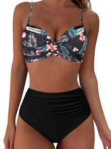 Women's Bohemian Style Floral Print Bikini Set, Ruched High Waist Swimsuit, High Elasticity Fabric - Small Orange Flower - View 1