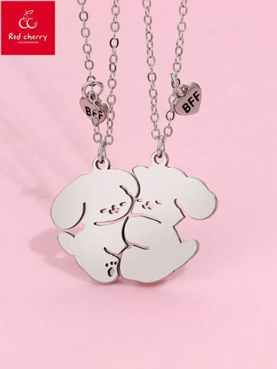 مجموعة قلادة صديق مقرب قلب مشكل و قلادة دب بأذن كبيرة من الفولاذ المقاوم للصدأ ، مناسب للارتداء اليومي وكهدية لصديق مقرب