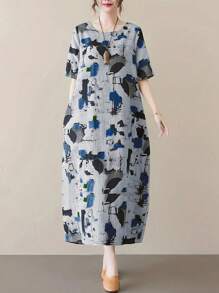 Women's Casual Mid-Length Drawstring Waist Dress, With Pockets, Round Neck, Short Sleeves, Woven Fabric, Abstract Print, Loose Fit - Blue - View 2