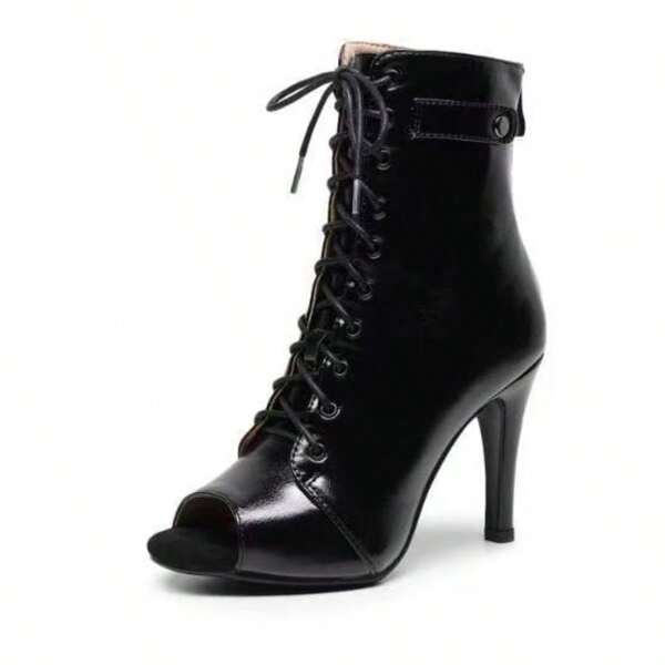 Women's 9.5cm High Heel Jazz/Modern Dance Ankle Boots, Open Toe, Lace-Up, Back Zipper, Striped Sole, Slim Heel, Suitable For Parties And Dances. Available In Black And Brown, Suitable For All Seasons.