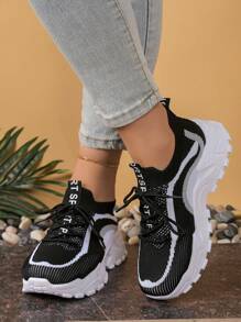 系带时尚拼色休闲运动鞋，适合青少年女孩和青年，透气舒适大码学生运动鞋，适合日常穿着、旅行和度假 - 黑色 - 查看 3