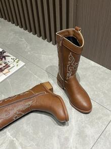 Kids Western Embroidered Cowboy Boots, New Simple Style Boys/Girls Boots, Retro Mid-Calf Versatile Riding Boots, Suitable For All Seasons