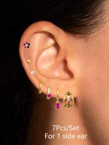 7 stuks/set (voor 1 zijde) Modieuze multi-color vergulde zirkonia oorbellen, creolen, oorbellen met hangers sieradenset voor vrouwen, geschikt voor dagelijks gebruik, feest, festival