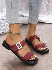 Fashion Versatile Summer Flat Slide Sandals With Buckle - Red - View 5