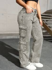 Flap Pocket Side Cargo Denim Jeans Simple Fashionable Daily Casual Spring - Light Grey - View 4