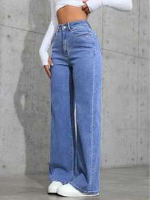 Pantalones de mujer estilo preppy de cintura media y pierna ancha, 70% 27.6% Poliéster 2.4% Spandex Mezcla, Color sólido, Cierre de botón, Pantalones de corte de bota para todas las estaciones con estiramiento alto - Azul lavado medio - Ver 3