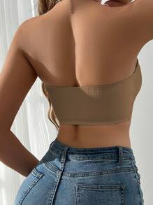 1pc Khaki Front Closure Ribbed Women's Bra, Front Hook Padded Bra, Strapless Bandeau, Can Replace Your Own Preferred Cup Inserts - Khaki - View 2