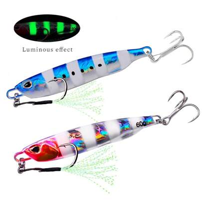 Isca de colher de metal, isca de afundamento para fundição de longa distância com pele de peixe de chumbo que brilha no escuro e anzóis triplos, adequada para pesca em água salgada e doce, equipamentos e acessórios de pesca